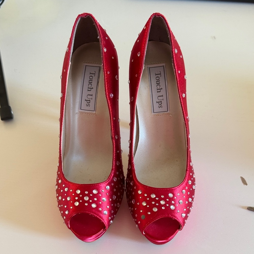 Touch Ups Red Satin Peep-Toe Heels with Crystal Studs